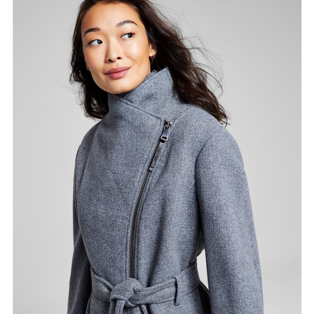 Calvin Klein Women’s Wool Blend Belted Wrap Coat grey